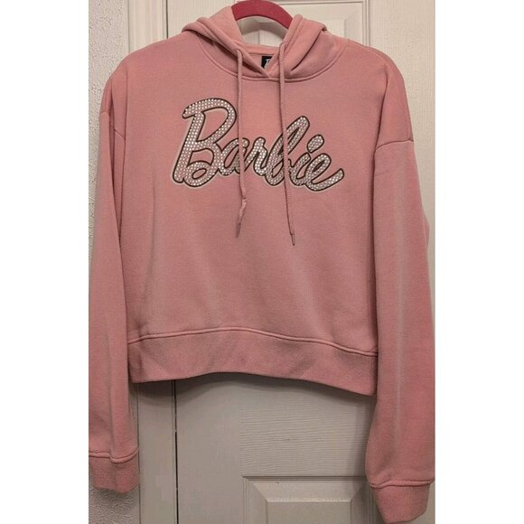 Barbie Sweatshirt Hoodie Womens Small Long Sleeve Drawstring Crop Pink Bling - Picture 1 of 9
